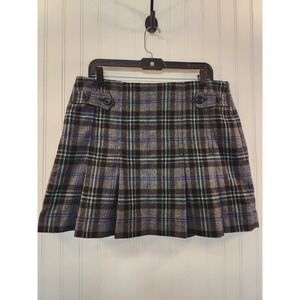 Gap Womens Grey Blue Plaid Wool Blend Pleated Mini Skirt Size 12 Side Zip Lining
